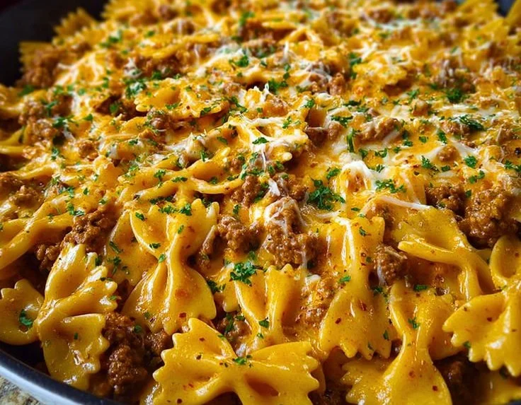 Cajun Cream Cheese Alfredo Bowties with Spiced Ground Beef