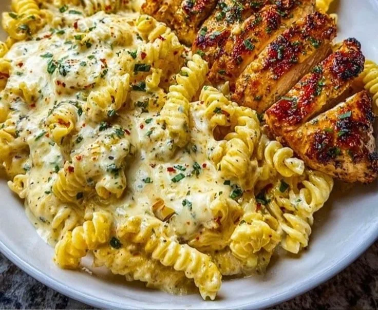 Creamy Garlic Parmesan Chicken with Cheesy Twisted Pasta