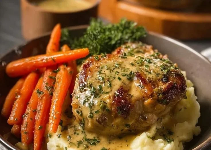 Creamy Herb Chicken with Mashed Potatoes and Honey Glazed Carrots