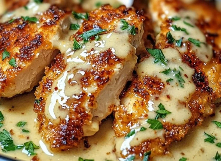 Crispy Parmesan Chicken with a Rich Garlic Sauce - Easy Dinner Idea