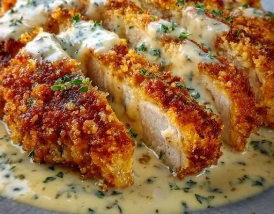 Crispy Parmesan Chicken with Creamy Garlic Sauce