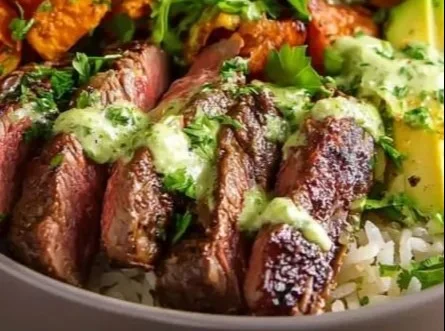 Steak and Sweet Potato Bowls with Avocado-Cilantro Drizzle