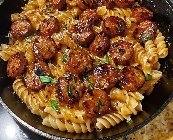 Sticky Honey Garlic Sausage Pasta Skillet